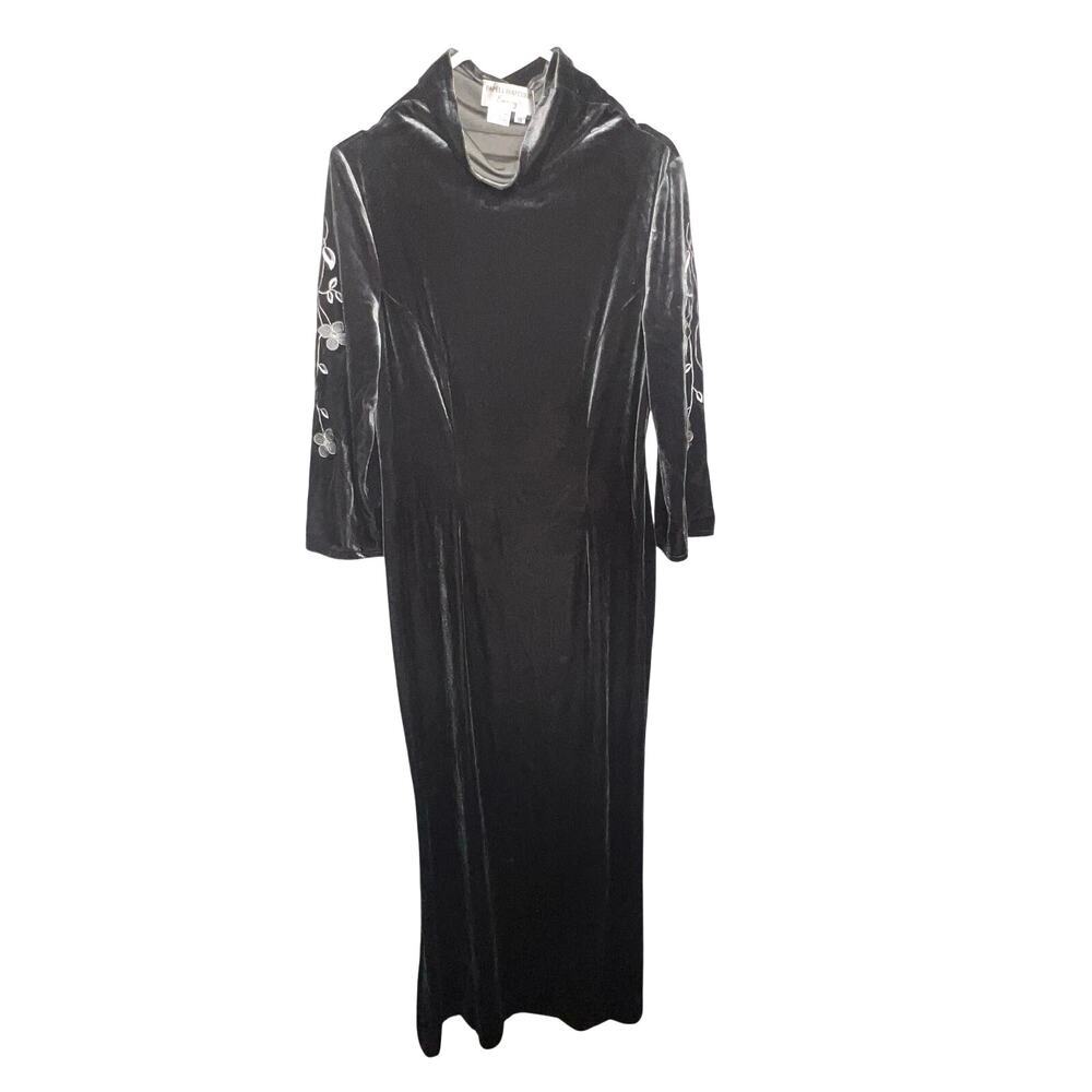 Papell Boutique Evening Gray Velvet Embroidered Floral‎ 3/4 Sleeve Maxi Dress 10